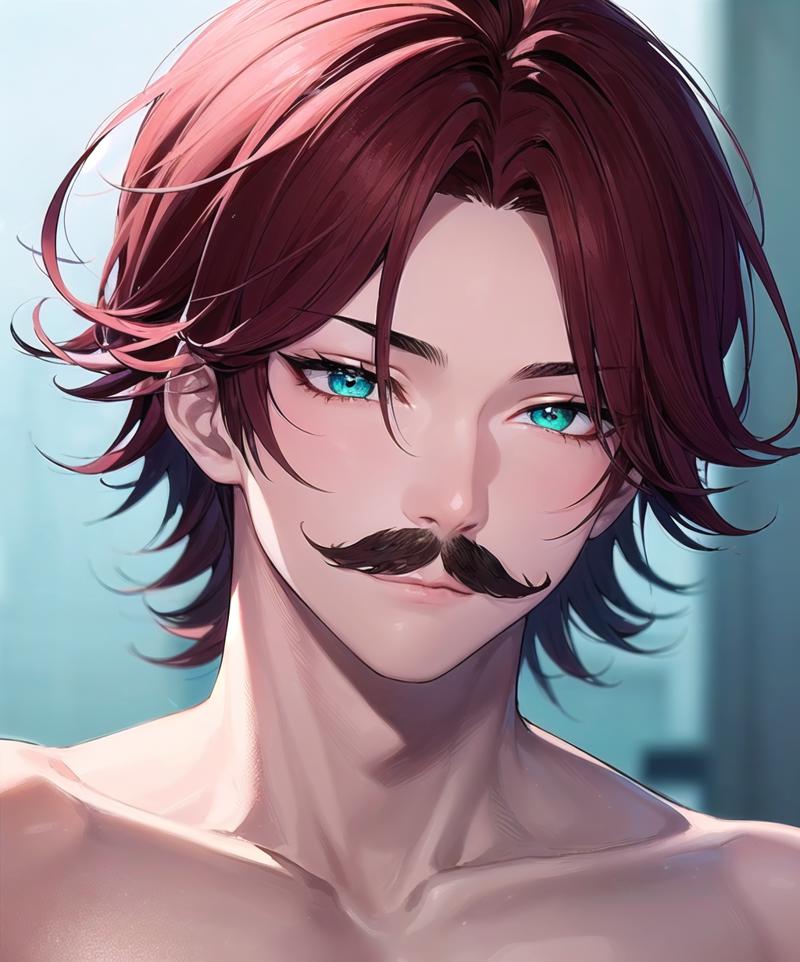 35219-3877239405-(tsurime_1.3), 1boy, male focus, cowboy shot, straight-on, hair flaps, mustache , light green eyes, detailed eyes, (((long bangs.png